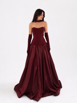 Bordo Eldiven Detaylı Elbise